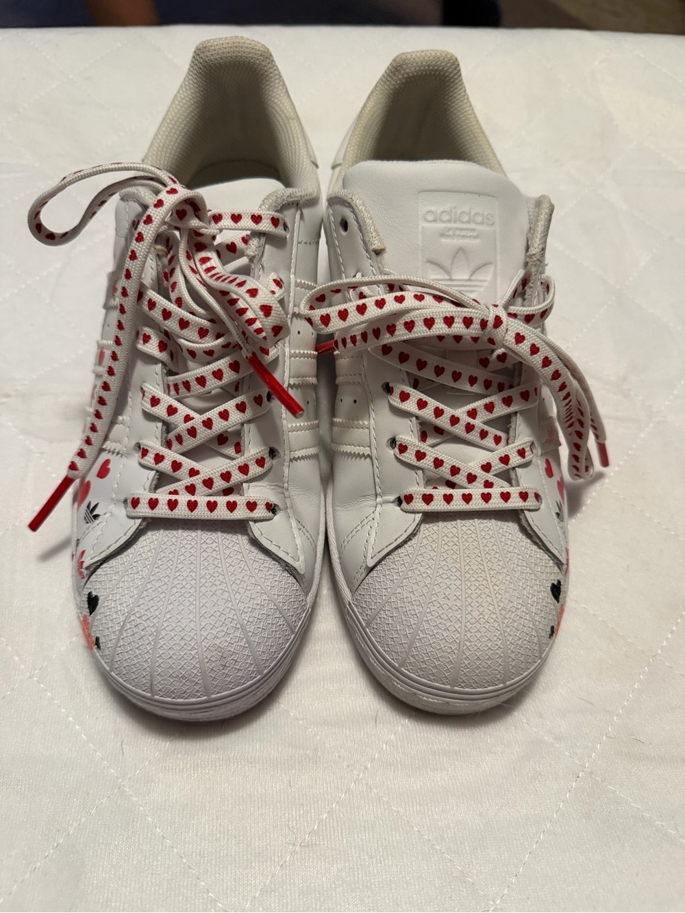 adidas White Sneakers with Red Heart Laces